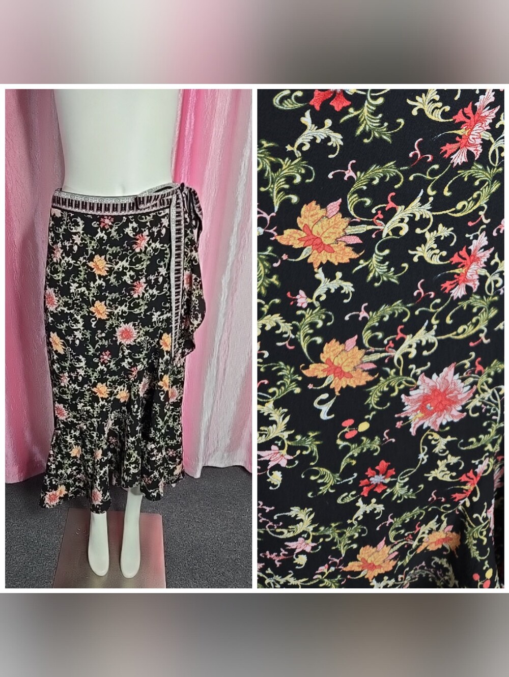 Max Studio Black Floral Wrap Ruffle Maxi Skirt Size XS